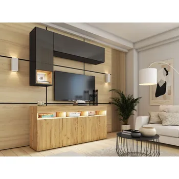 Obývací stěna Obývací stěna ANTOFALLA 2, dub craft/černá/černý lesk + vyzvednutí ZDARMA