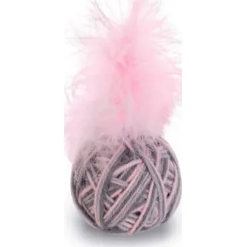 Hračka pro kočku Vlněná hračka pro kočky s koulí z šanty a peřím, koule Ming, růžovo - šedá, 5 cm