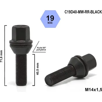 Šroubek na kolo Kolový šroub M14x1,5x40,5 kužel pohyblivý, klíč 19, C19D40-MW-RR-BLACK, výška 71,6 mm, černý