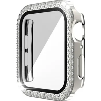 Příslušenství k chytrým hodinkám Třpytivé ochranné pouzdro s kamínky a ochranným sklem pro Apple Watch 45mm Barva: Stříbrná
