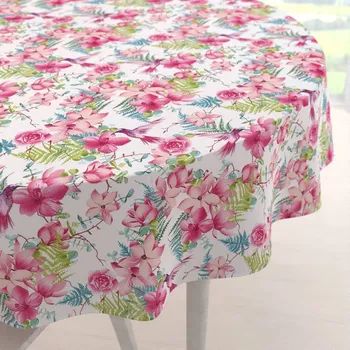 ubrus Bavlněný kulatý ubrus Sandra SA-493 Kolibříci s růžovými květy na bílém Ø 40 cm