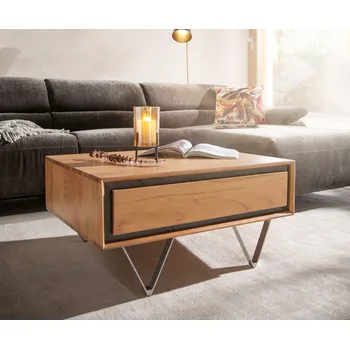 Konferenční stolek DELIFE Konferenční stolek Stonegrace 80x60 cm akácie přírodní 2 zásuvky kamenná dýha