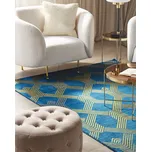 Modrý koberec se zlatým geometrickým vzorem viskózy s bavlnou 160 x 230 cm ručně tkaný moderní glamour styl Beliani