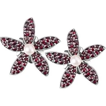 Náušnice Granát Turnov Český Granát stříbrné náušnice květ s perlou