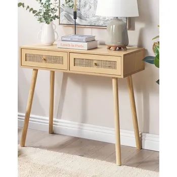 Konferenční stolek Konzolový stolek světlé dřevo dřevotříska dřevěné nohy 88 x 40 x 79 cm 2 ratanové zásuvky nábytek do předsíně boho design Beliani