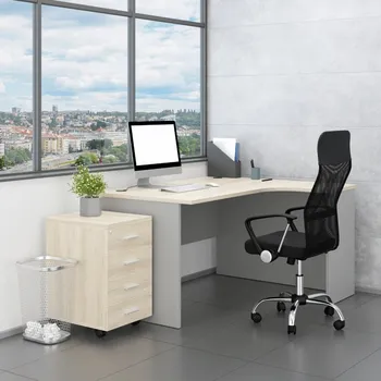 Obývací stěna Sestava kancelářského nábytku SimpleOffice 2, 140 cm, pravá, dub světlý / šedá