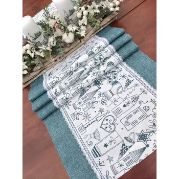 Vánoční dekorace Běhoun vánoční - petrolejová vánoční vesnička na bílé v kombinaci s petrolejovou