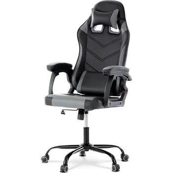 Křeslo Herní křeslo, šedá a černá ekokůže, houpací mech., opěrák 135°