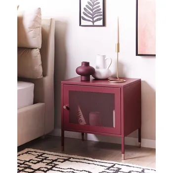 Noční stolek Noční stolek tmavě červený kovový ocelová konstrukce kovová síťovina s dvířky industriální design úložný prostor do ložnice Beliani