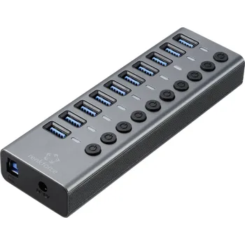 USB hub Renkforce RF-6027504 10 portů USB 3.1 hub (Gen 2) lze spínat jednotlivě, s hliníkovým krytem stříbrnočerná