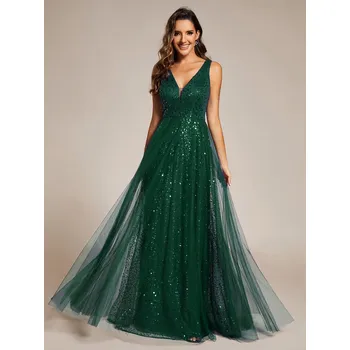 Dámské šaty Elegantní flitrové večerní šaty s výstřihem do V a bez rukávů Barva: Tmavě Zelená, Velikost: M