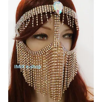 Karnevalový doplněk Řetízková štrasová čelenka a rouška se zirkony Zlatá