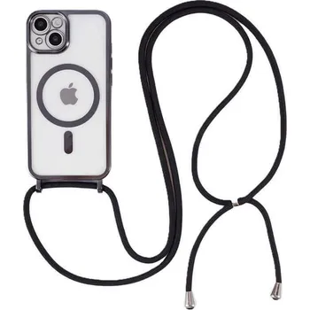 Pouzdro na mobilní telefon MagSafe silikonový kryt se šňůrkou pro Apple iPhone 15 Pro - černý