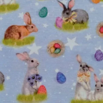 Režná látka Loneta králíci na modré š.140 cm EU