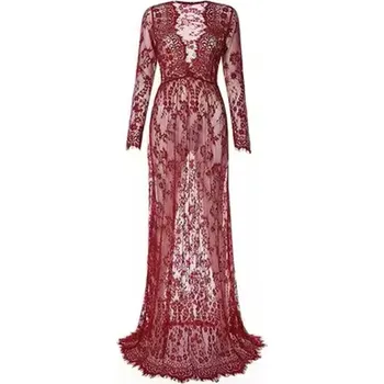 Dámské šaty Krajkové šaty s dlouhým rukávem na těhotenské focení (8 barevných variant) Barva: Vínová, Velikost: 4XL