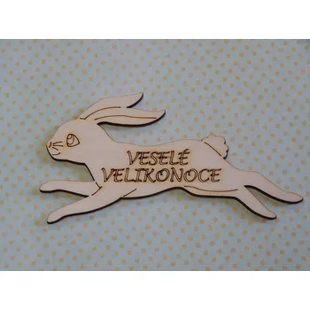 Velikonoční dekorace Dřevěný výřez z překližky, ZAJÍC S NÁPISEM VESELÉ VELIKONOCE, 10x5cm, 1ks