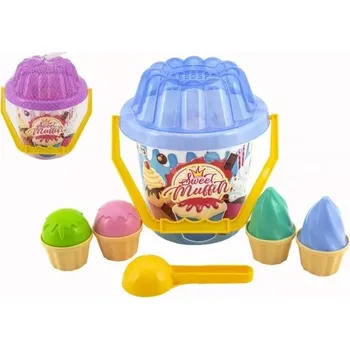 Hračka na písek Teddies Sada na písek plast kbelík, lopatka, bábovky 2 barvy v síťce 20x21x20cm 12m