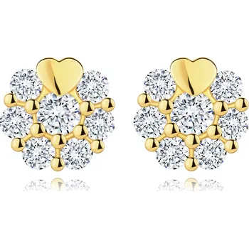 Náušnice Náušnice ze žlutého zlata 585 - květina se srdcem, čiré zirkony