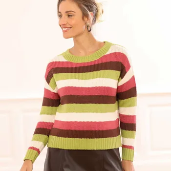 Dámský svetr Pruhovaný pulovr s lodičkovým výstřihem zelená/čokoládová 42/44