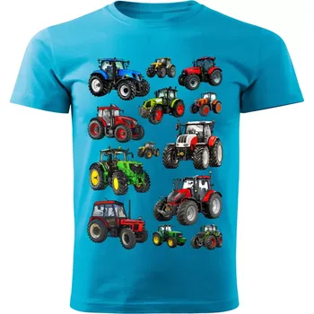 Chlapecké tričko dětské tričko s traktorem mix traktorů tyrkysové 134 (dětské tričko mix traktorů)