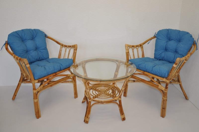 Ratanová sedací souprava 2 křesla a stolek - polstry tyrkysový melír - Ratanová sedací souprava 2 křesla a stolek - polstry tyrkysový melír