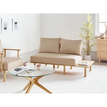 Pohovka Pohovka béžové látkové čalounění 2místná s rozkládacím stolkem moderní styl Japandi obývací pokoj Beliani
