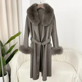 Dámský kabát Vlněný luxusní kabát s pravou liščí kožešinou Barva: Tmavě Šedá, Velikost: S