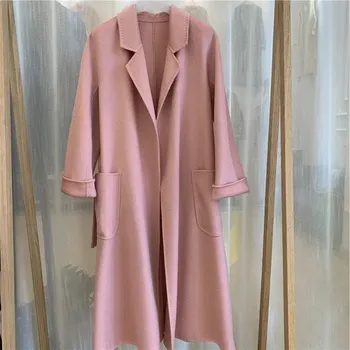 Dámský kabát Luxusní dlouhý kabát z vlny a kašmíru s páskem Velikost: L, Barva (Varianta): Růžová