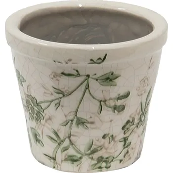 Obal na květináč Béžový keramický obal na květináč se zelenými a šedými kytičkami Steffen – 8x7 cm