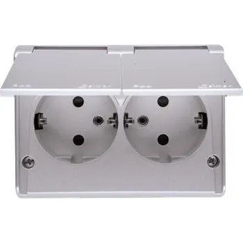 Elektrická zásuvka Simon EGSZ2NZB/43 Zásuvka dvojnásobná s clonkami Schuko s IP44 (kompletní výrobek) 16A 250V, šroubové svorky, stříbrná