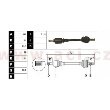poloosa AVORD délka 599 mm, 21 drážek u kola, 22 drážek u převodovky (převodovka MA), L, repasovaný originál (+vratná část 595