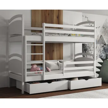 Dětská postel Dětská patrová postel z masivu borovice MARCELA se šuplíky - 200x90 cm - BÍLÁ