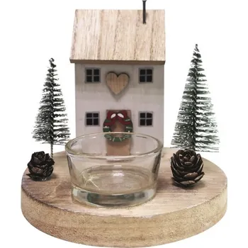 Svícen Dřevěný svícen s domečkem na jednu svíčku 12 x 12 x 12 cm