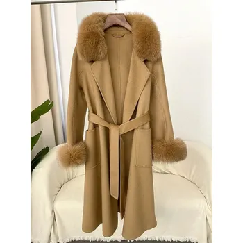 Dámský kabát Luxusní vlněný dámský kabát s kožíškem z lišky Barva: Světle Hnědá, Velikost: S