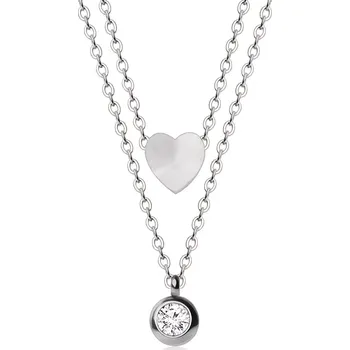 Náhrdelník Dvojitý ocelový náhrdelník - srdíčko a čirý zirkon v objímce, stříbrná barva