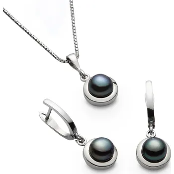 Souprava šperků Souprava náušnic a přívěšku z bílého zlata s černými perlami 347