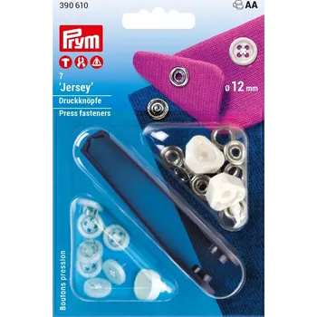 PRYM Stiskací knoflíky + narážeč Jersey, našitý vzhled, 12 mm, 7 ks, bílé