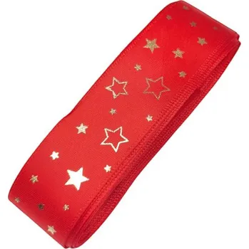 Stuha Stuha 25mm, vánoční saténová, hvězdy, červená zlatá