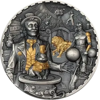 Exkluzivní stříbrná mince Steampunk - Carnival 3 Oz 2024 Gilded Ultra High Relief Antique