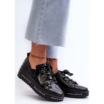 Dámské polobotky Šněrovací dámské polobotky na platformě Přírodní kůže S.Barski LR620 Barva: Černá, Velikost: 36