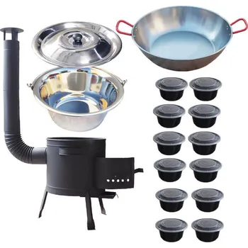 Kempingové nádobí Nerezový kotlík 22 L (0,8 mm) INOX + pánev PAELLA (WOK) 45 cm + nízká kotlina 42 PLUS 600 + nerezová poklice + plastové boxy (misky) s víkem 12 ks