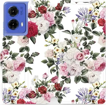 Pouzdro na mobilní telefon Flipové pouzdro Mobiwear - Motorola Moto G85 5G - MD01S Růže na bílé (Knížkové flip pouzdro, obal, kryt na mobil Motorola Moto G85 5G - MD01S Růže na bílé, materiál Umělá kůže + TPU - ochrana 360°, stojánek, silikonová vanička, magnetické zavírání)