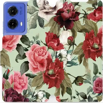 Pouzdro na mobilní telefon Flipové pouzdro Mobiwear - Motorola Moto G85 5G - MD06P Růže a květy na světle zelené (Knížkové flip pouzdro, obal, kryt na mobil Motorola Moto G85 5G - MD06P Růže a květy na světle zelené, materiál Umělá kůže + TPU - ochrana 360°, stojánek, silikonová)