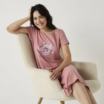 Dámská noční košile Blancheporte Dlouhá noční košile s krátkými rukávy růžová 46/48