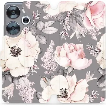 Pouzdro na mobilní telefon Flipové pouzdro Mobiwear - Xiaomi Poco F6 5G - MX06S Květy na šedém pozadí (Knížkové flip pouzdro, obal, kryt na mobil Xiaomi Poco F6 5G - MX06S Květy na šedém pozadí, materiál Umělá kůže + TPU - ochrana 360°, stojánek, silikonová vanička, magnetické)