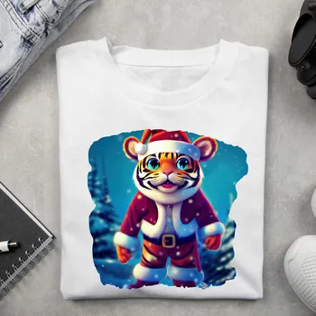 Dámské tričko - Vánoční motiv tygr v lese Barva: Bílá, Velikost: 2XL