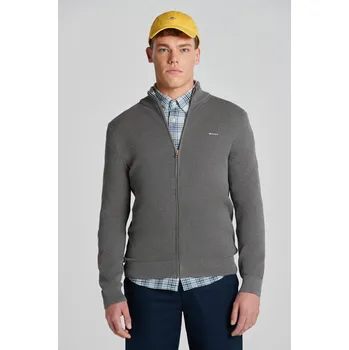 Pánský svetr SVETR GANT COTTON PIQUE ZIP CARDIGAN DARK GREY MELANGE