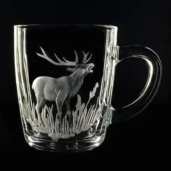 hrnek na čaj 300ml s rytinou jelena - ručně ryté (broušené), dárková krabička, dárek pro myslivce