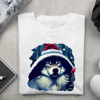 Dámské tričko - Vánoční motiv vlk Barva: Bílá, Velikost: XL