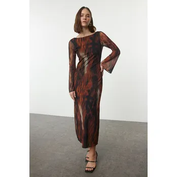 autíčko Trendyol Cinnamon Abstract Backless Tulle Boat Neck Flexible Maxi Knit Dress Trendyol hnědá 2940432
